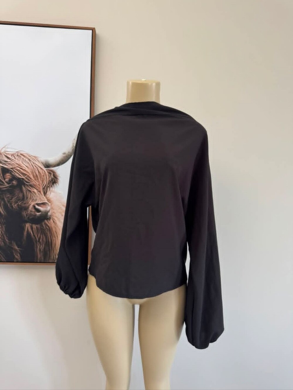 Black Long-Sleeve Balloon-Sleeve Women's Top